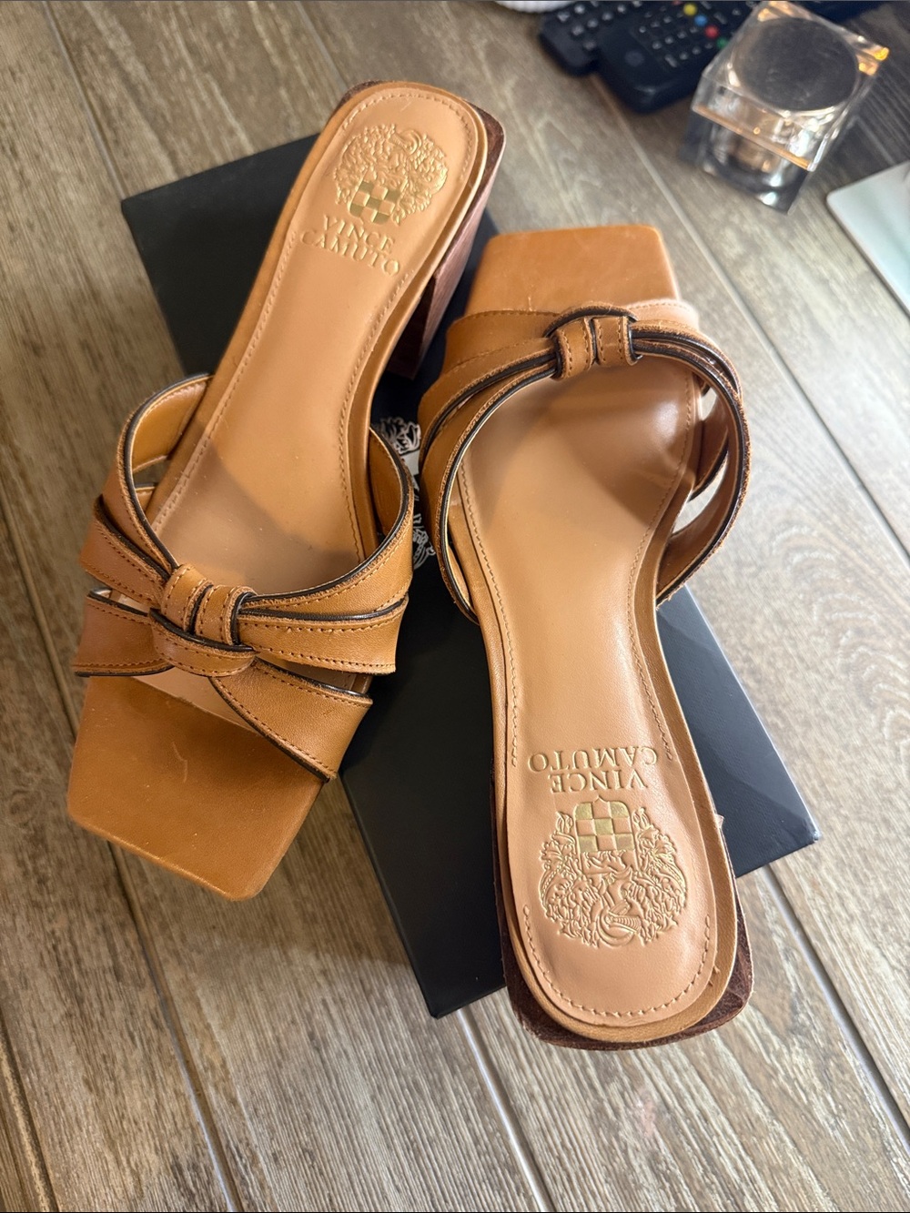 Vince Camuto Tan Leather Knotted Square-Toe Slide Mules